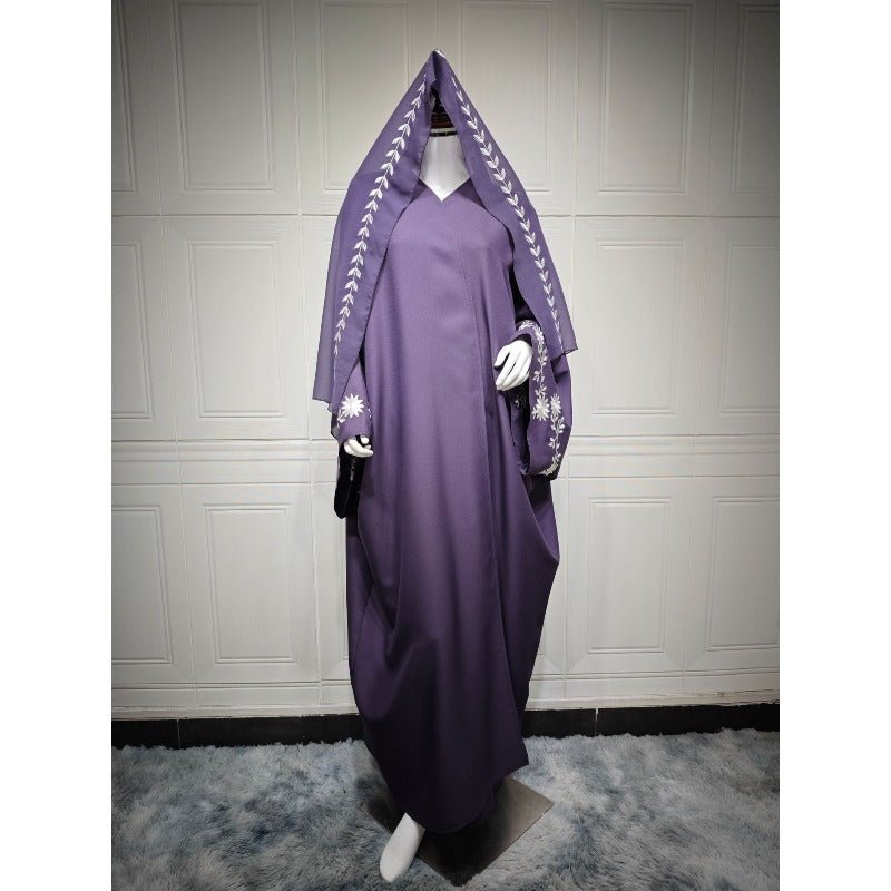 Embroidered Batwing Sleeve Abaya Set | Linen Blend Open Cardigan with Matching Hijab 2 - Piece(MOA233) - Mariam's Collection