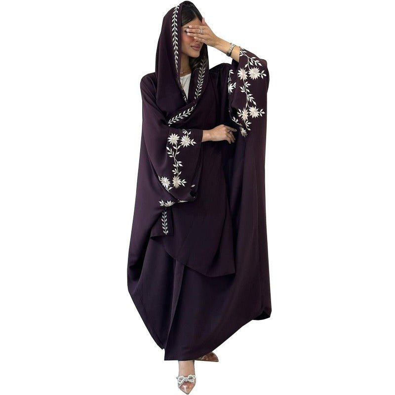Embroidered Batwing Sleeve Abaya Set | Linen Blend Open Cardigan with Matching Hijab 2 - Piece(MOA233) - Mariam's Collection