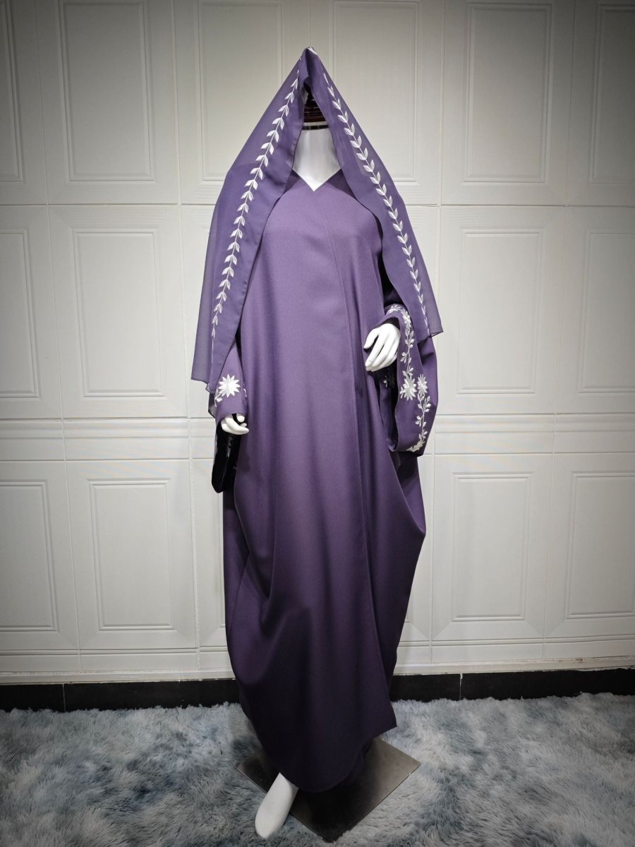 Embroidered Batwing Sleeve Abaya Set | Linen Blend Open Cardigan with Matching Hijab 2 - Piece(MOA233) - Mariam's Collection