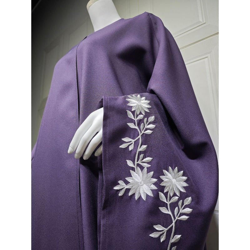 Embroidered Batwing Sleeve Abaya Set | Linen Blend Open Cardigan with Matching Hijab 2 - Piece(MOA233) - Mariam's Collection