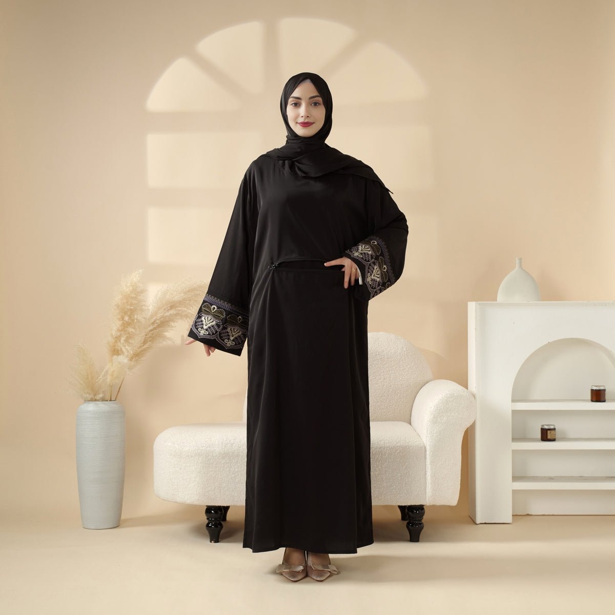 Embroidered Black Abaya with Golden Floral Cuffs | Modest Prayer Dress with Integrated Headscarf (MJ017)