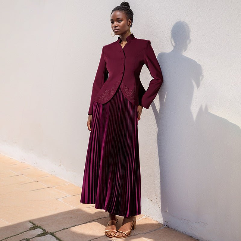 Embroidered Blazer & Pleated Skirt Set(MS214) - Mariam's Collection