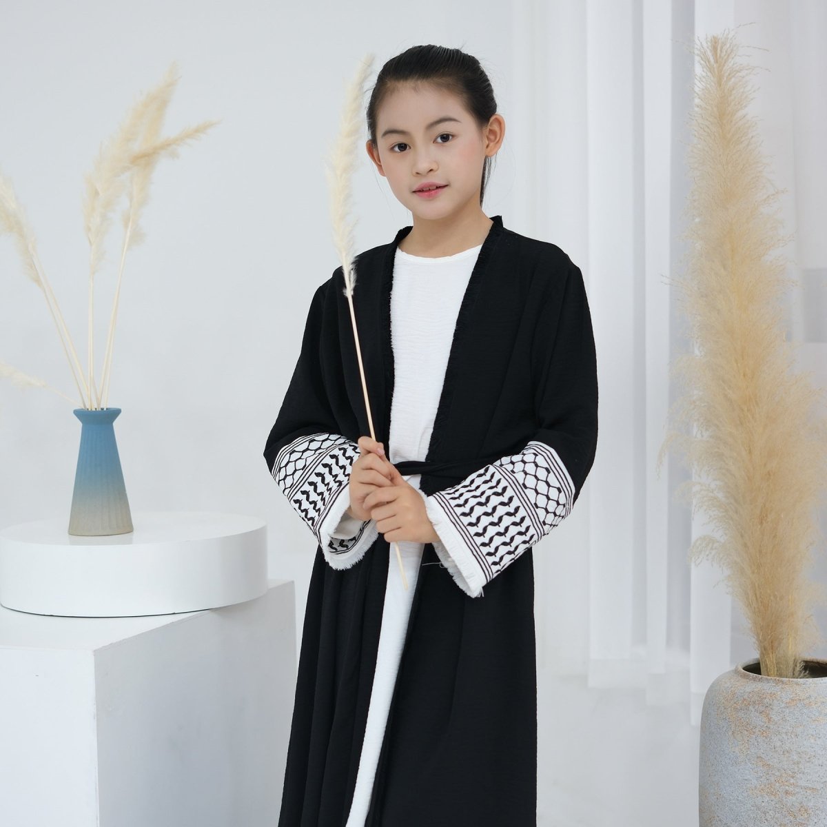 Embroidered Children's Abaya Set Pakistan Geometric Print Robe Abaya with Matching Belt. (MKG015) - Mariam's Collection