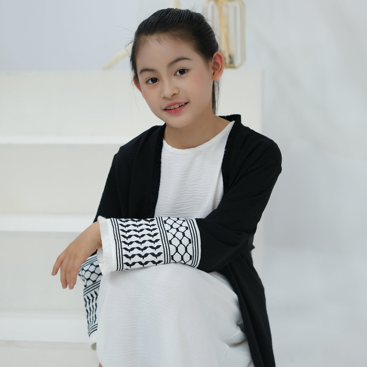 Embroidered Children's Abaya Set Pakistan Geometric Print Robe Abaya with Matching Belt. (MKG015) - Mariam's Collection