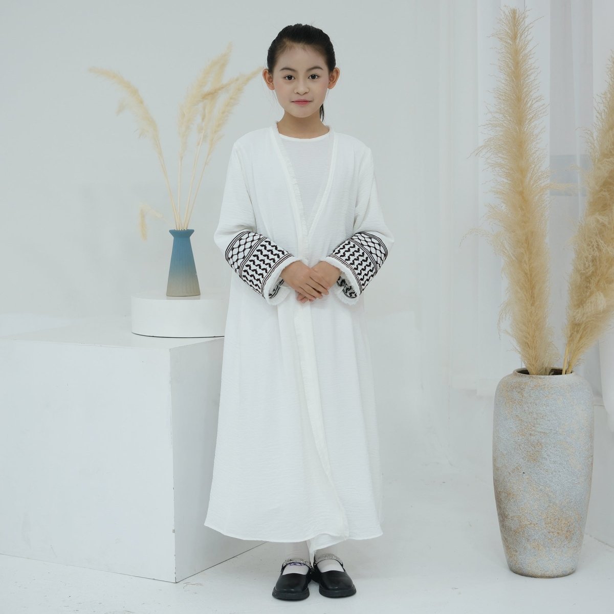 Embroidered Children's Abaya Set Pakistan Geometric Print Robe Abaya with Matching Belt. (MKG015) - Mariam's Collection