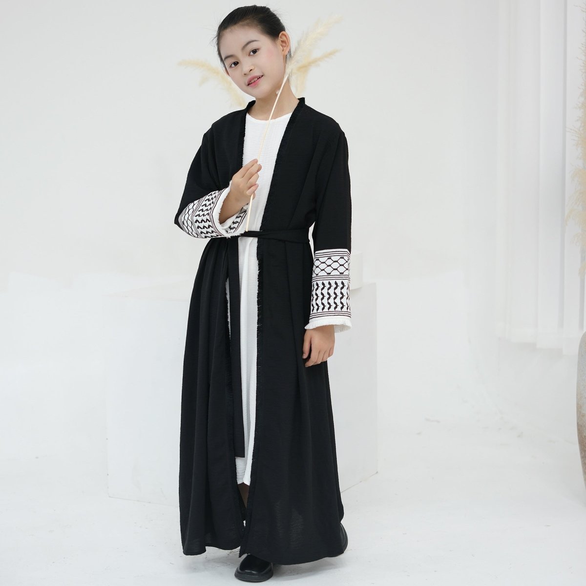 Embroidered Children's Abaya Set Pakistan Geometric Print Robe Abaya with Matching Belt. (MKG015) - Mariam's Collection