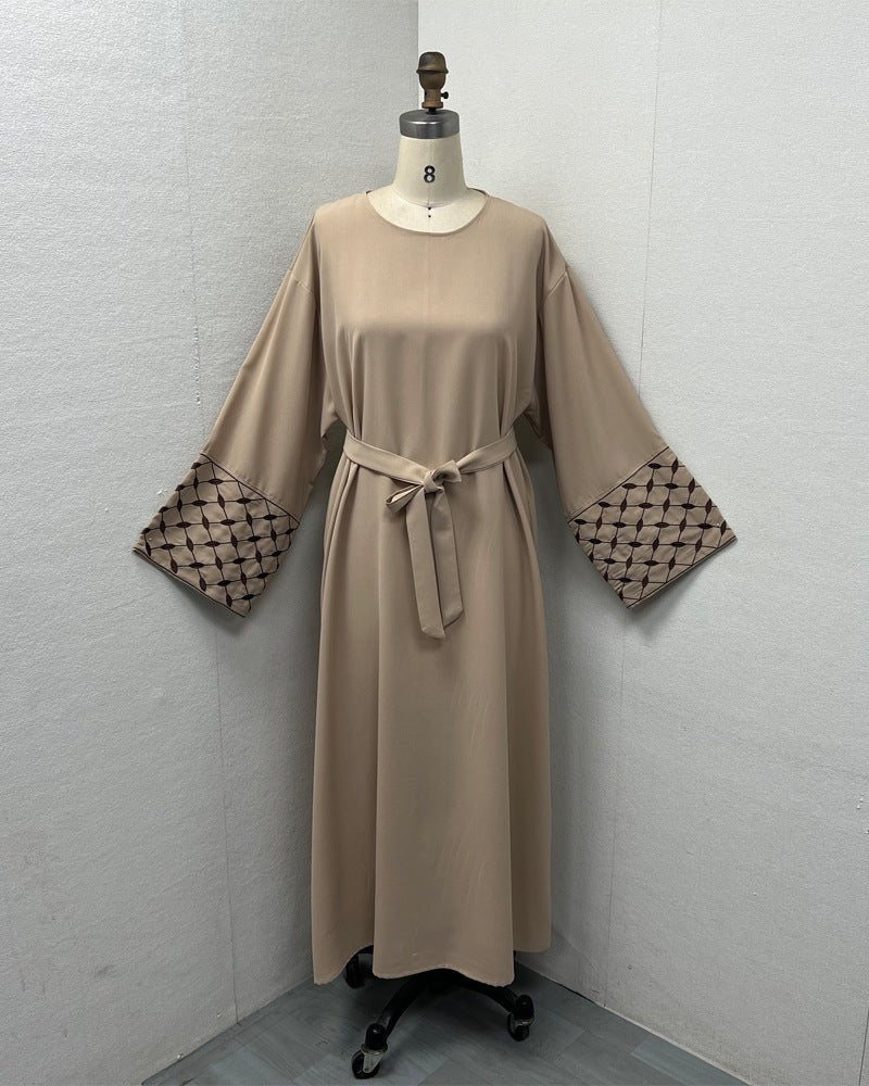 Embroidered Pattern Abaya Robe Dress - Modest Muslim Long Sleeve Maxi with Detachable Belt(MA272) - Mariam's Collection