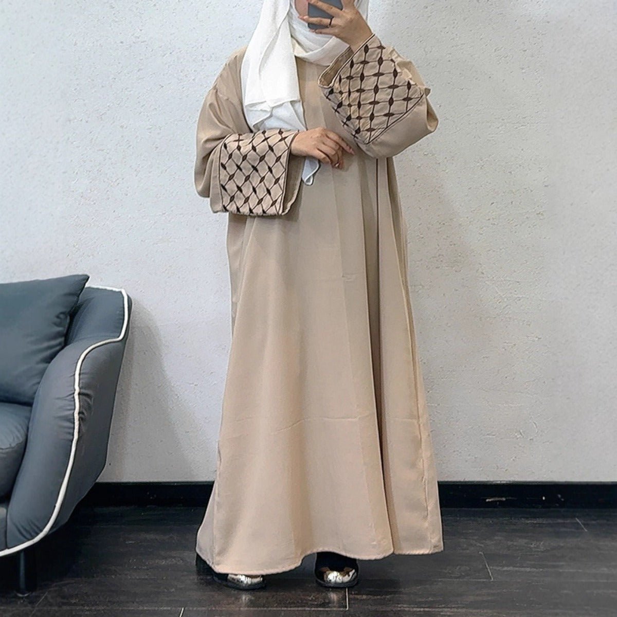 Embroidered Pattern Abaya Robe Dress - Modest Muslim Long Sleeve Maxi with Detachable Belt(MA272) - Mariam's Collection