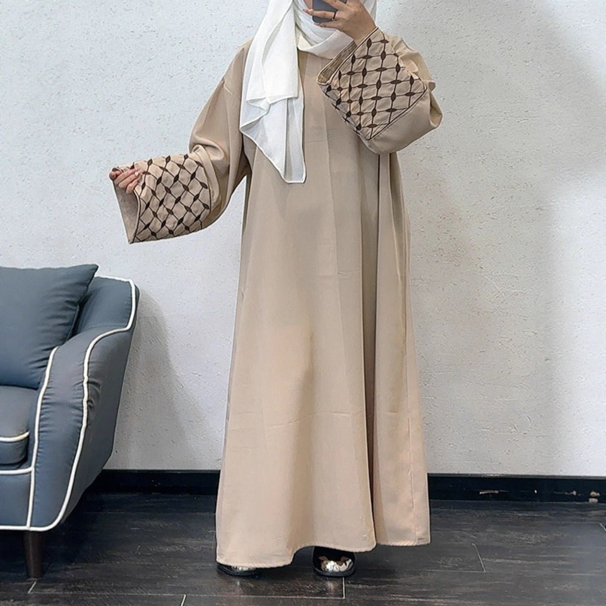 Embroidered Pattern Abaya Robe Dress - Modest Muslim Long Sleeve Maxi with Detachable Belt(MA272) - Mariam's Collection