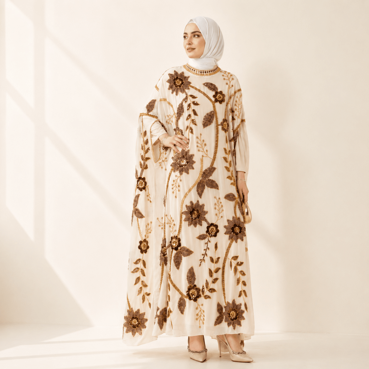 Embroidered Pearl Floral Abaya with Draped Batwing Sleeves(MA453) - Mariam's Collection