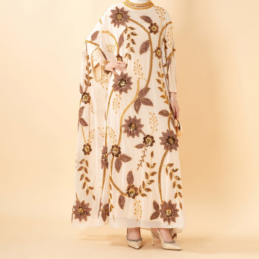Embroidered Pearl Floral Abaya with Draped Batwing Sleeves(MA453) - Mariam's Collection