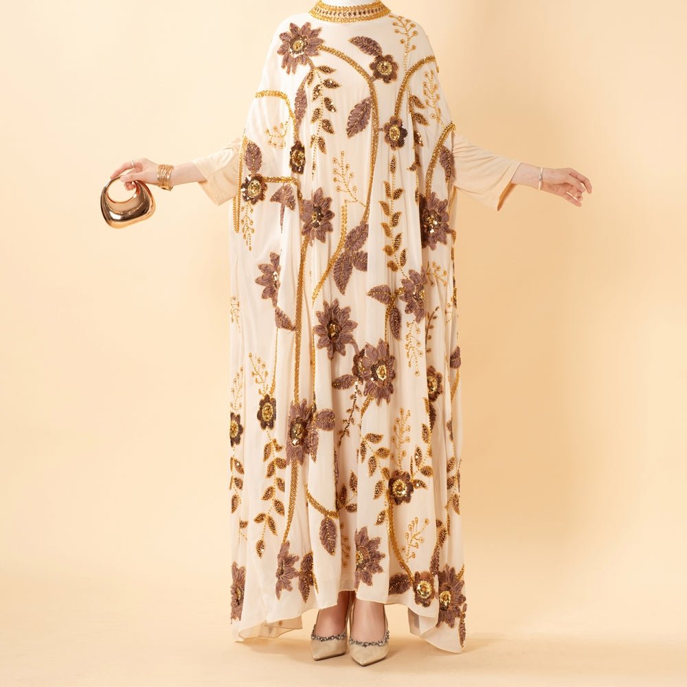 Embroidered Pearl Floral Abaya with Draped Batwing Sleeves(MA453) - Mariam's Collection