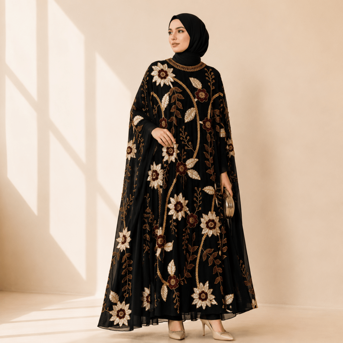 Embroidered Pearl Floral Abaya with Draped Batwing Sleeves(MA453) - Mariam's Collection