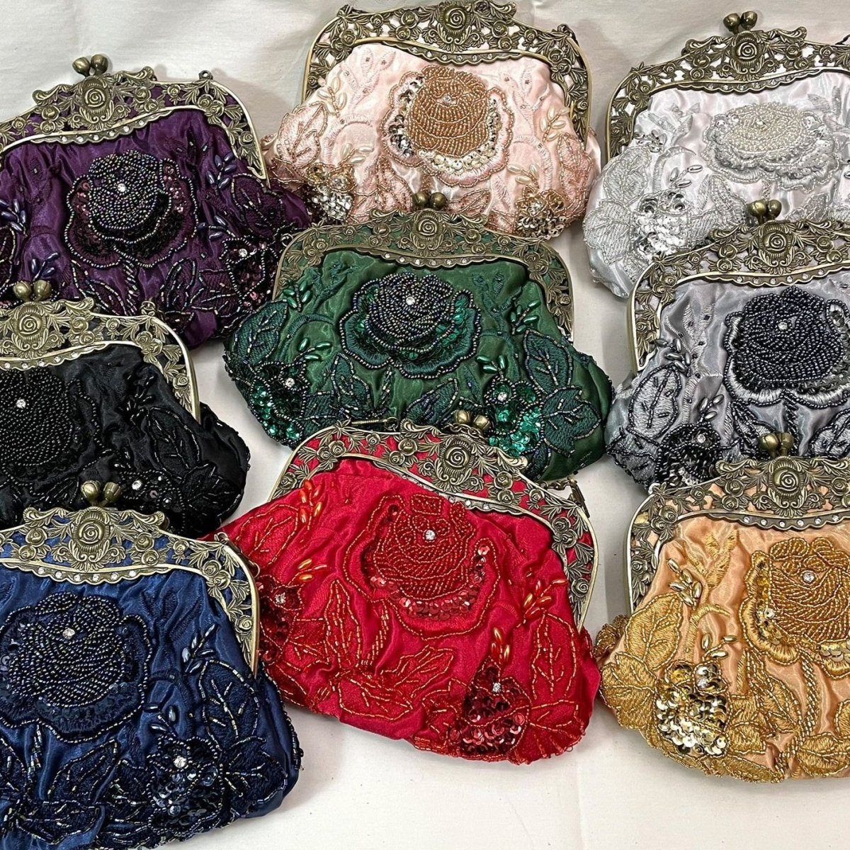 Embroidered Rose with Sequins Beads Evening Clutch Bag (MAC291) - Mariam's Collection