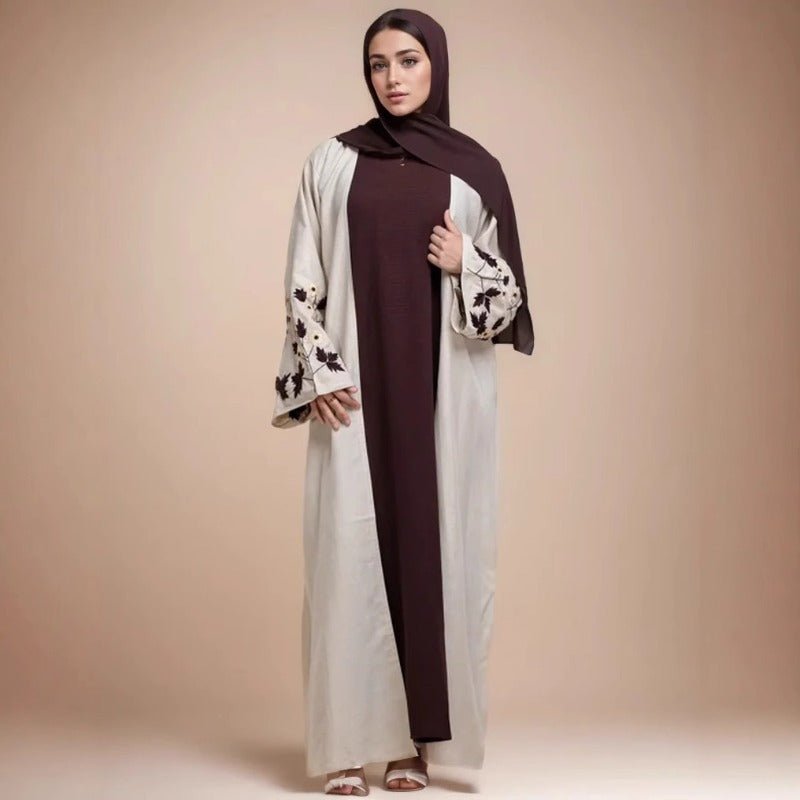 Embroidered Sleeve Abaya | Maple Leaf & Daisy Open - Front Cardigan(MOA261) - Mariam's Collection