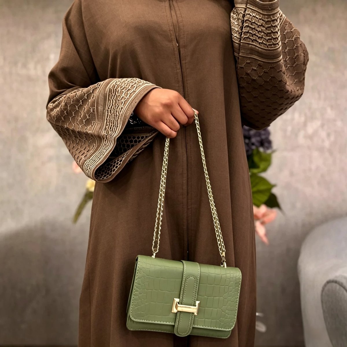 Embroidered Sleeve Abaya | Textured Open-Front Cardigan with Bell Sleeves (MOA263) - Mariam's Collection