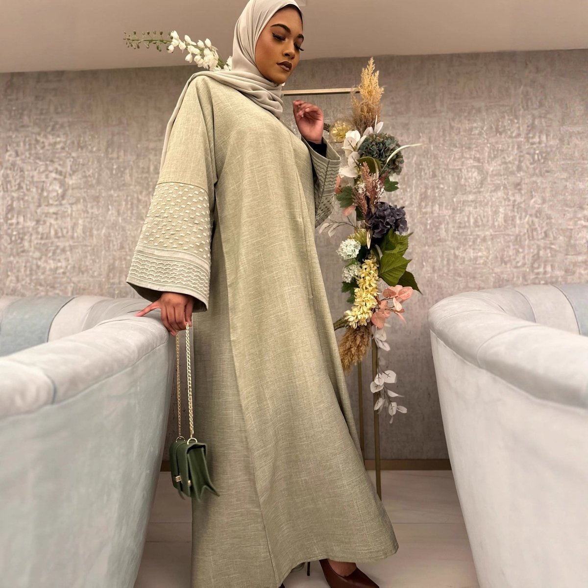 Embroidered Sleeve Abaya | Textured Open-Front Cardigan with Bell Sleeves