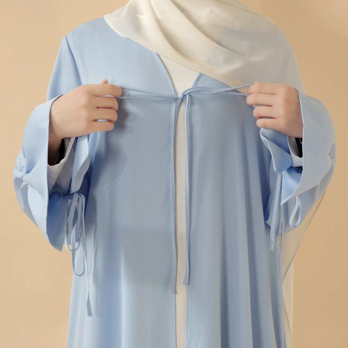 Essential Front Bowknot Ribbon Tie Ruffle Sleeves Crepe Satin Open Abaya (MOA117) - Mariam's Collection