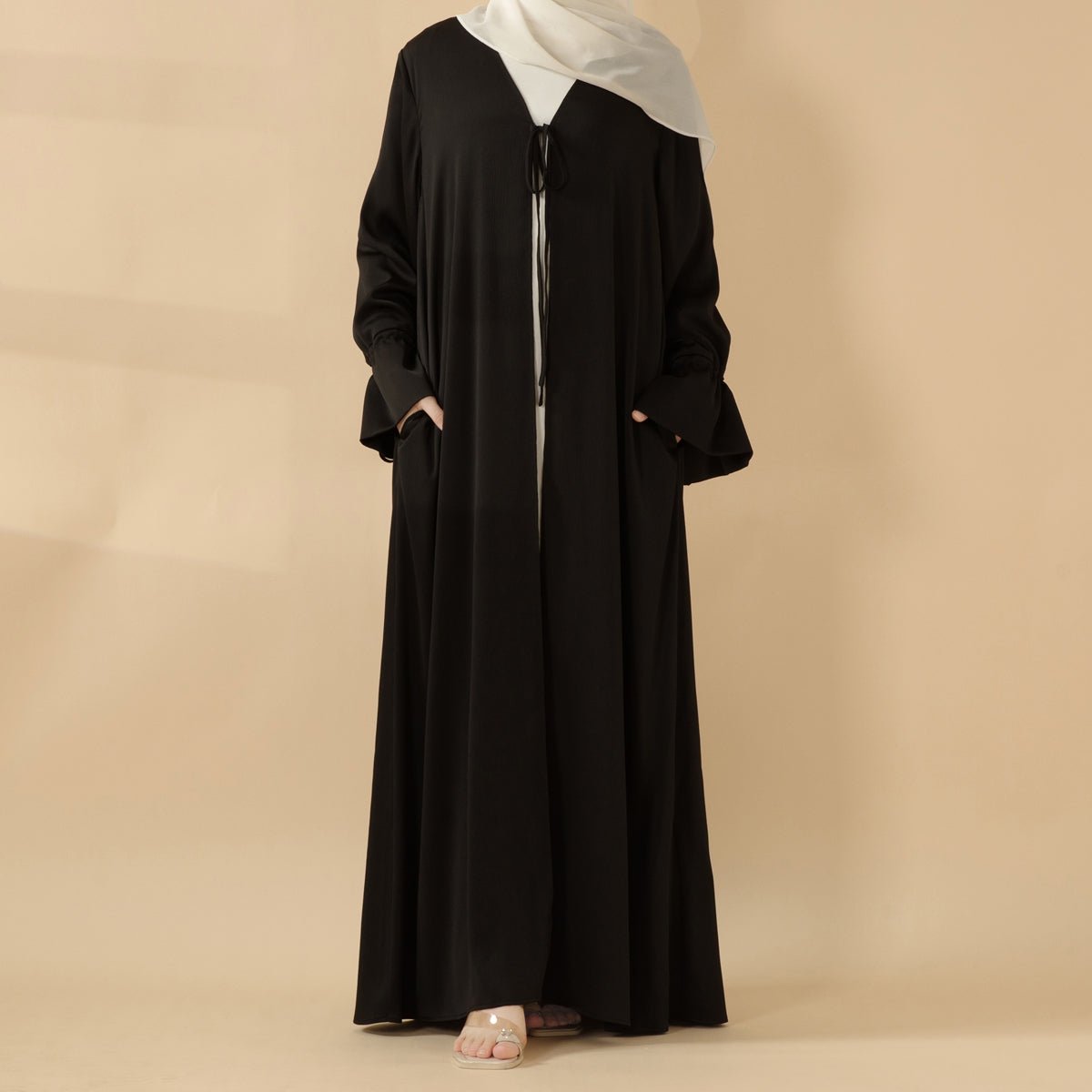 Essential Front Bowknot Ribbon Tie Ruffle Sleeves Crepe Satin Open Abaya (MOA117) - Mariam's Collection