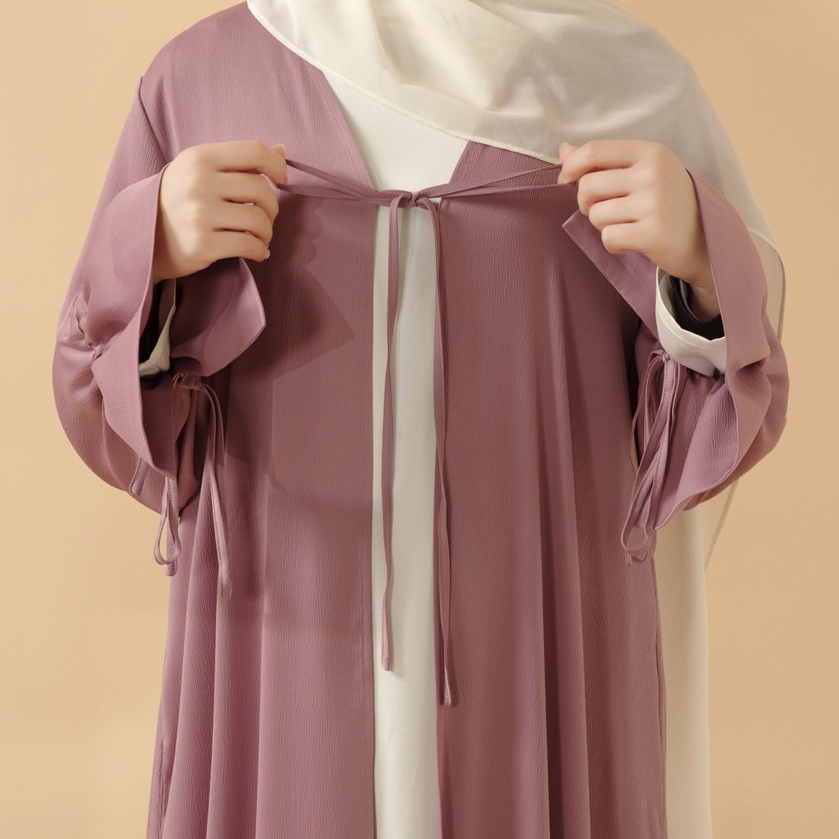 Essential Front Bowknot Ribbon Tie Ruffle Sleeves Crepe Satin Open Abaya (MOA117) - Mariam's Collection