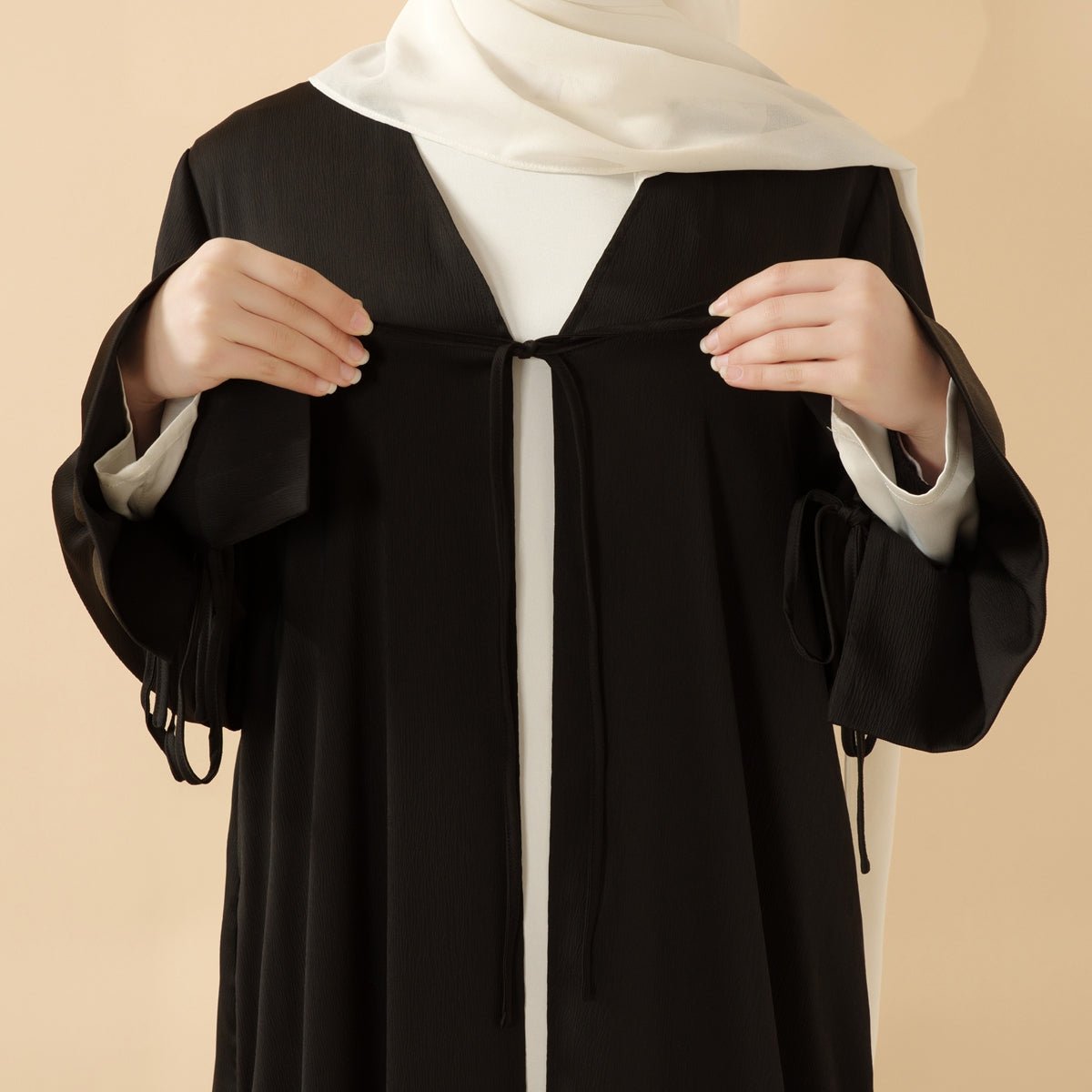 Essential Front Bowknot Ribbon Tie Ruffle Sleeves Crepe Satin Open Abaya (MOA117) - Mariam's Collection