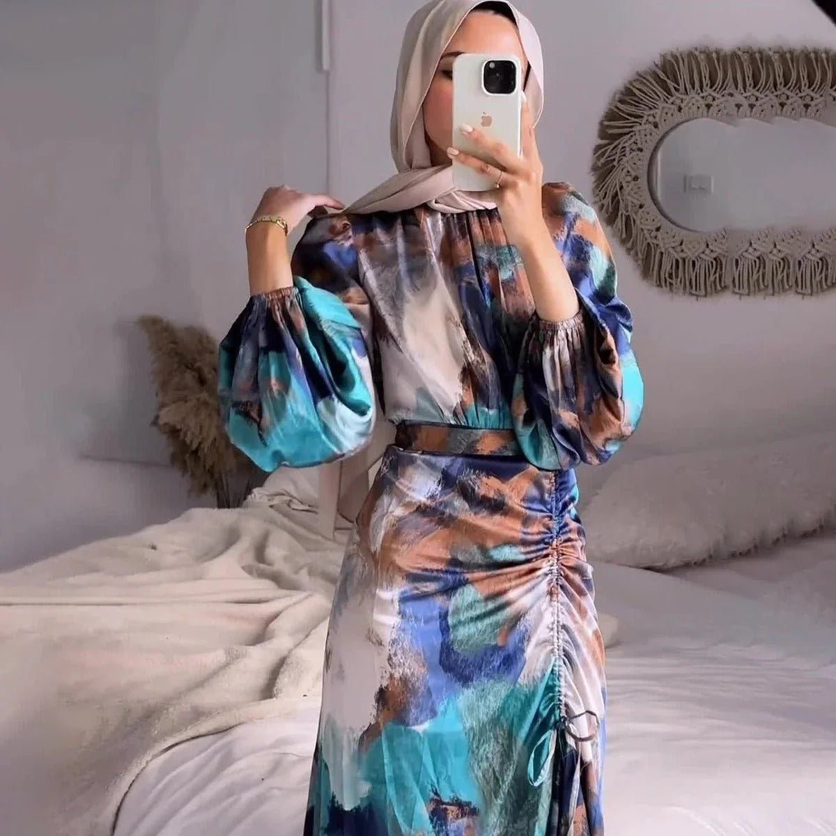 Exotic Print Pleated Bell Sleeve Abaya. (MA166) - Mariam's Collection