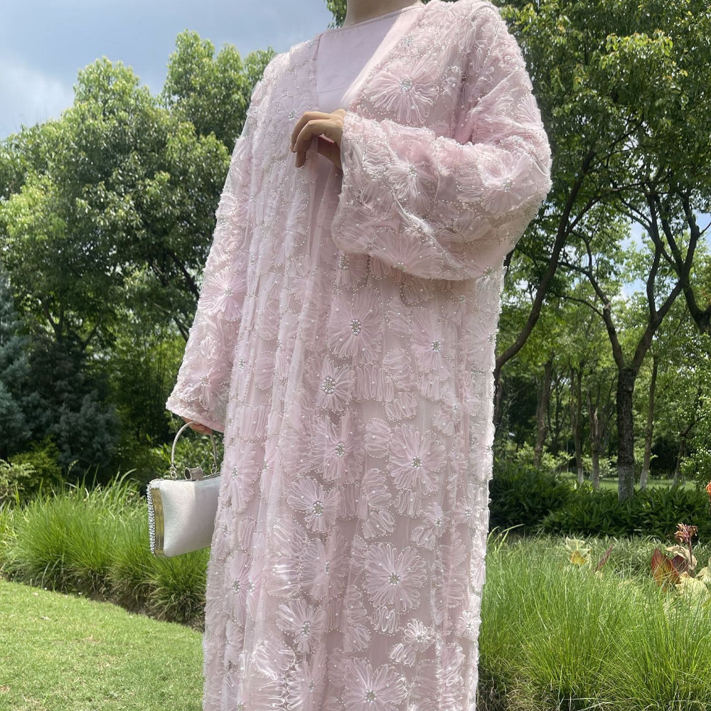 Mesh Flower Bead Open Abaya and Satin Interior Dress 2-Piece Set | Elegant Muslim Wedding Guest Outfit(MOA222)