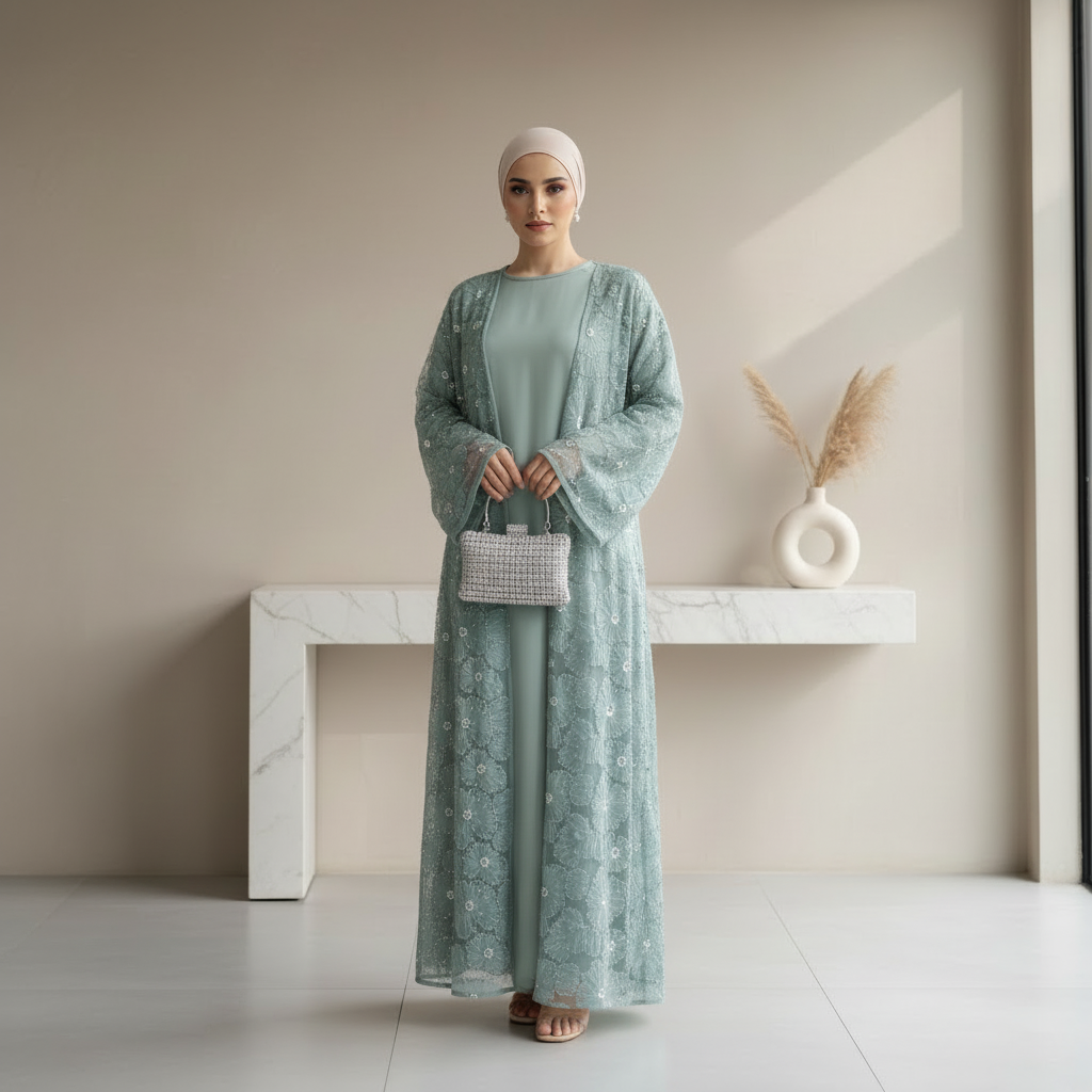 Mesh Flower Bead Open Abaya and Satin Interior Dress 2-Piece Set | Elegant Muslim Wedding Guest Outfit(MOA222)