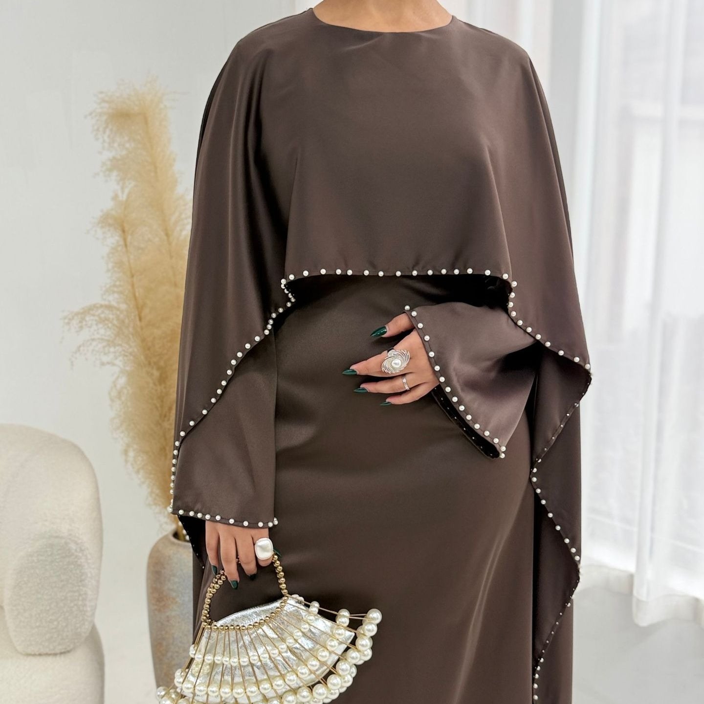Pearl Embellished Kaftan Abaya | Luxury Cape Sleeve Maxi Dress(MA382)
