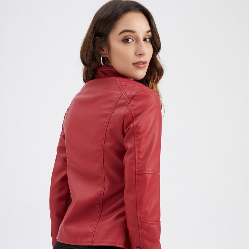 Fitted Moto Jacket | Stand Collar Faux Leather Biker Jacket(MS246) - Mariam's Collection
