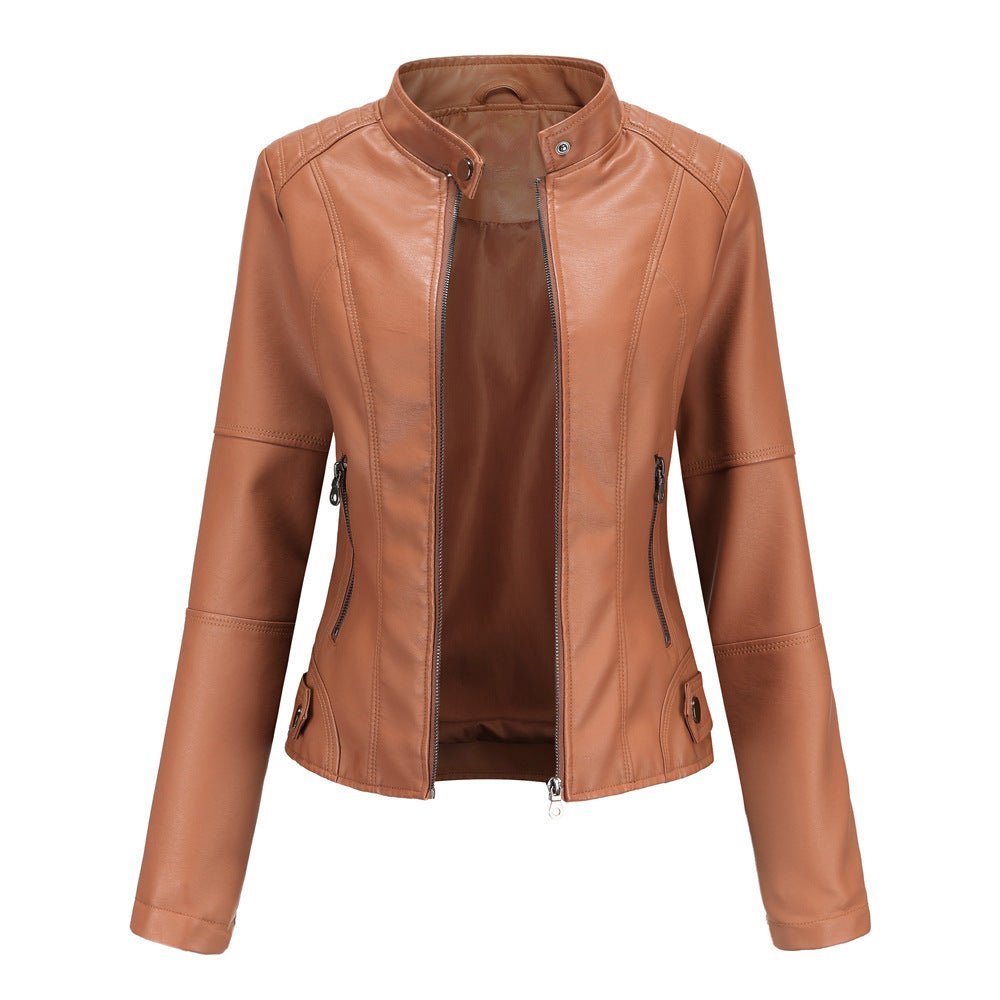 Fitted Moto Jacket | Stand Collar Faux Leather Biker Jacket(MS246) - Mariam's Collection