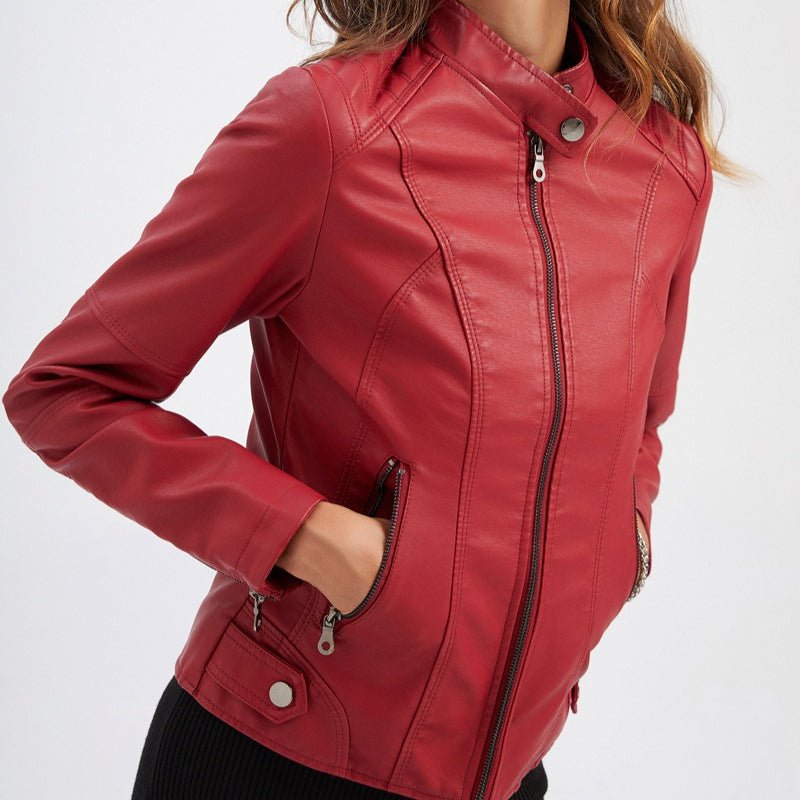 Fitted Moto Jacket | Stand Collar Faux Leather Biker Jacket(MS246) - Mariam's Collection