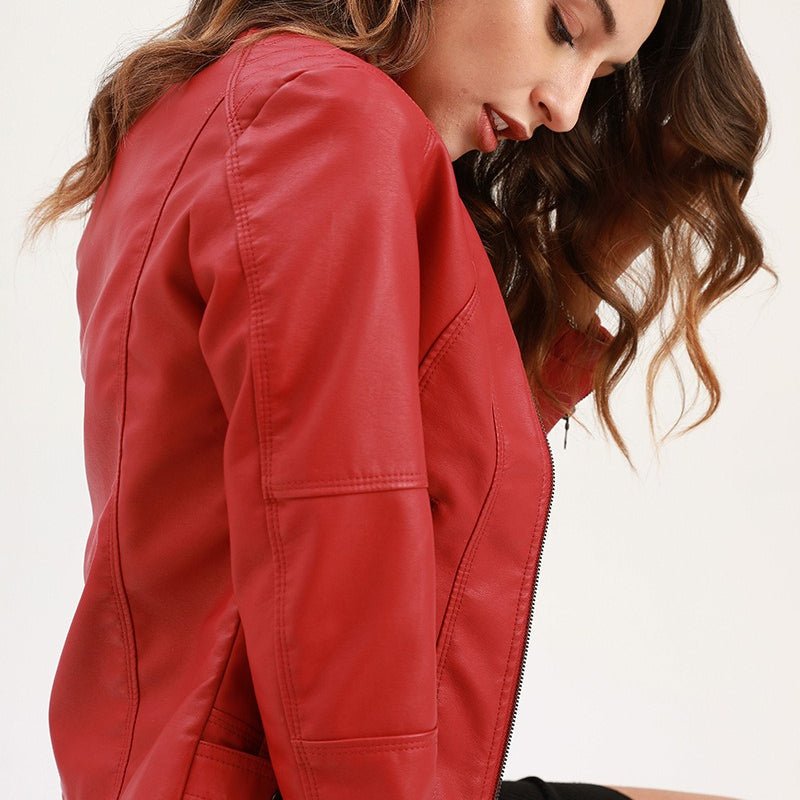 Fitted Moto Jacket | Stand Collar Faux Leather Biker Jacket(MS246) - Mariam's Collection
