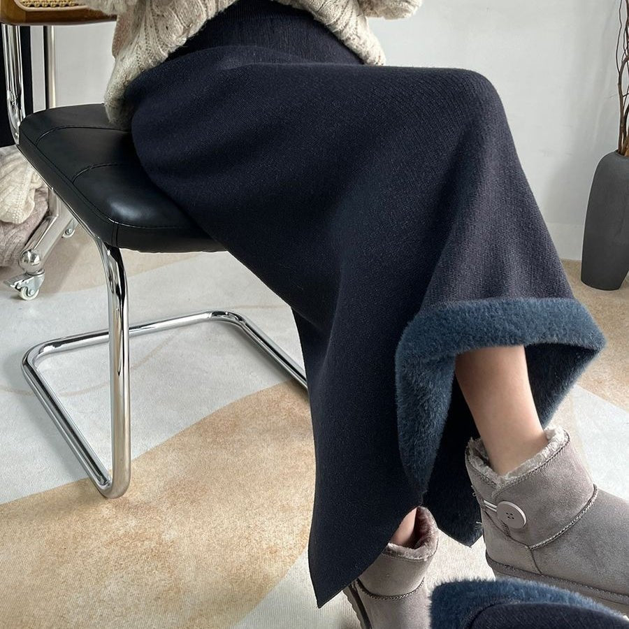 Fleece - Lined Knit Midi Skirt with Side Slit(MS207) - Mariam's Collection