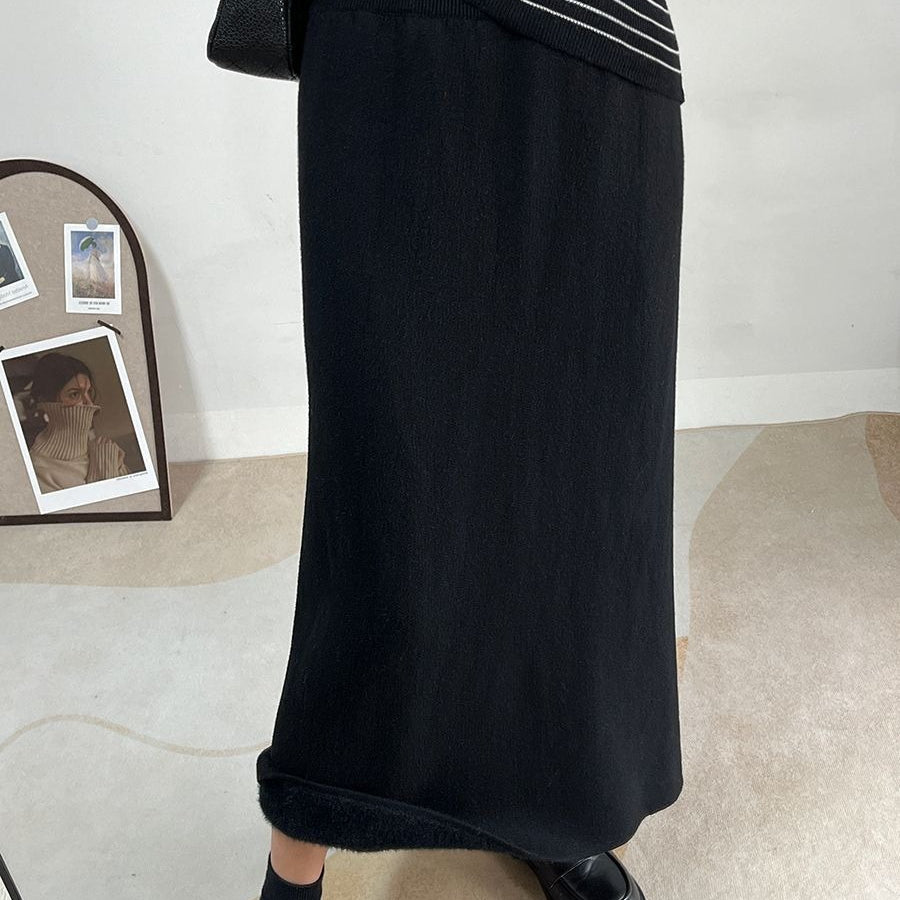 Fleece - Lined Knit Midi Skirt with Side Slit(MS207) - Mariam's Collection