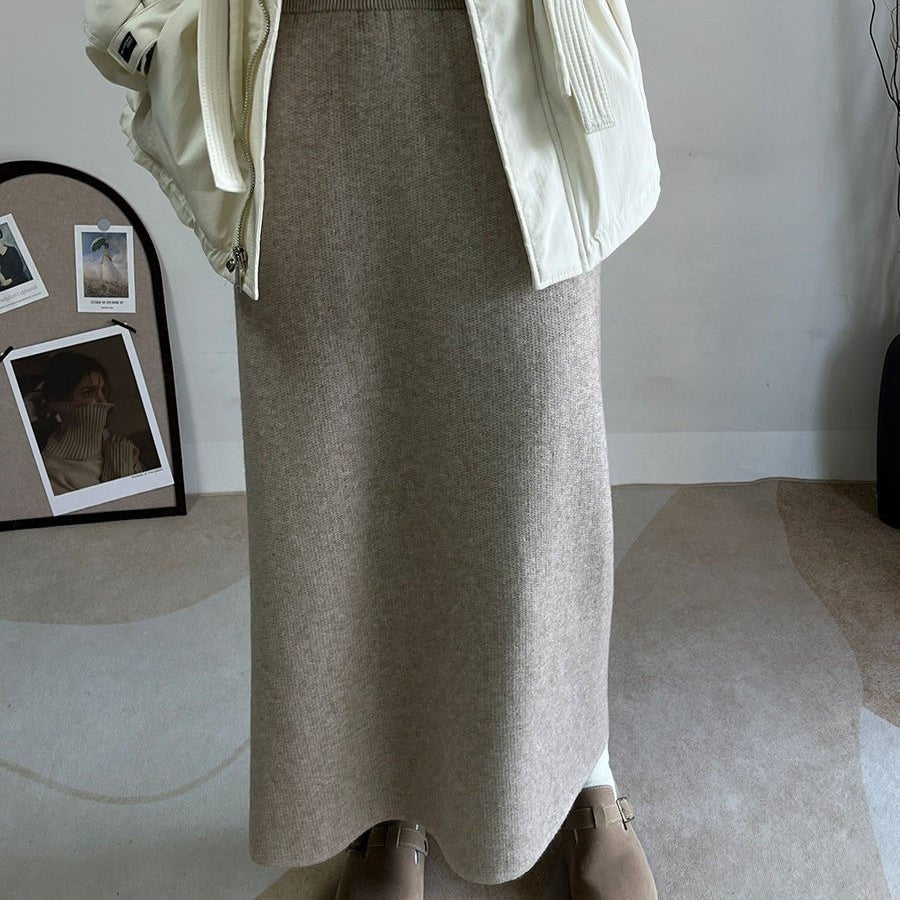 Fleece - Lined Knit Midi Skirt with Side Slit(MS207) - Mariam's Collection