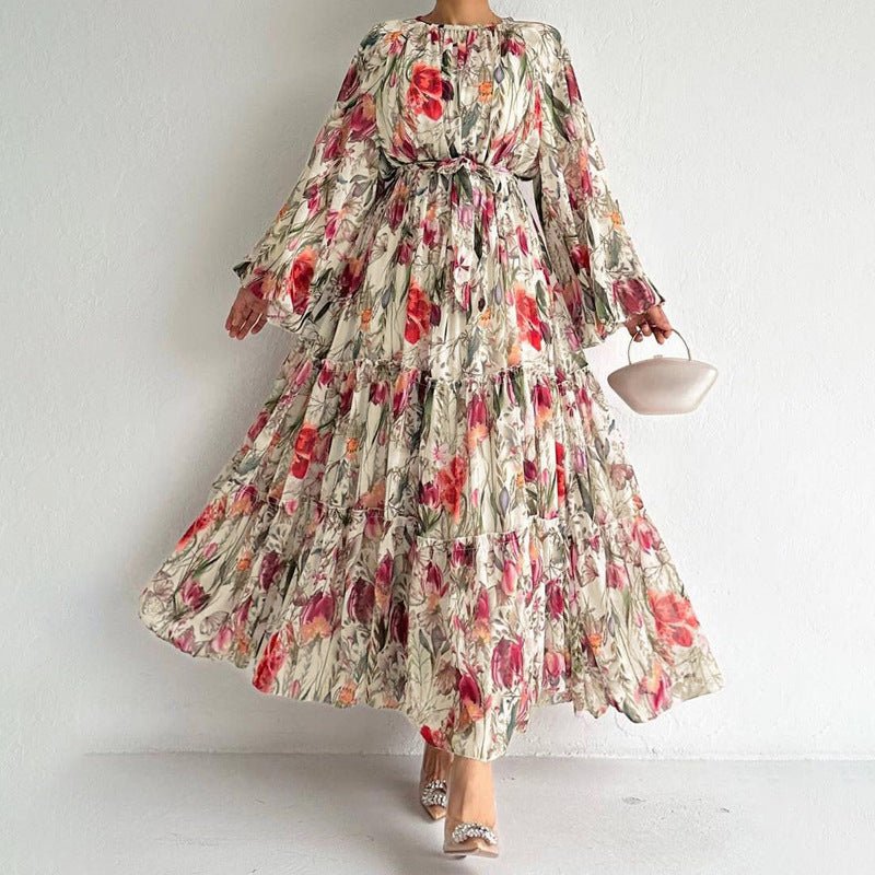 Floral Chiffon Dress with Three-Tier Ruffle Skirt