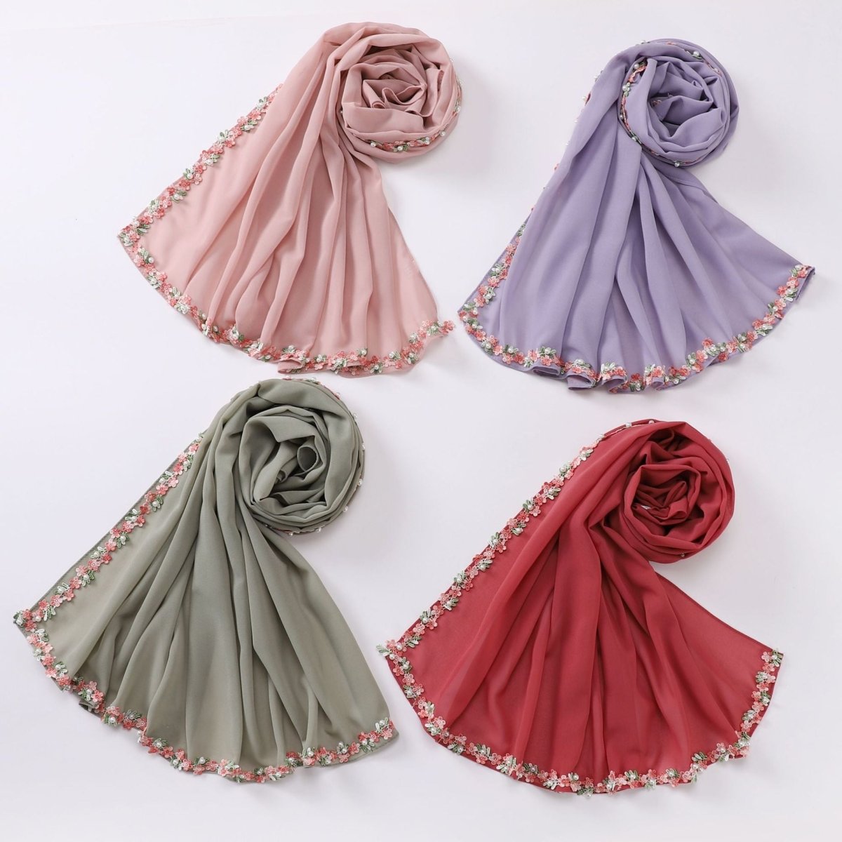 Floral embellished chiffon hijab in taro purple with pearl trim