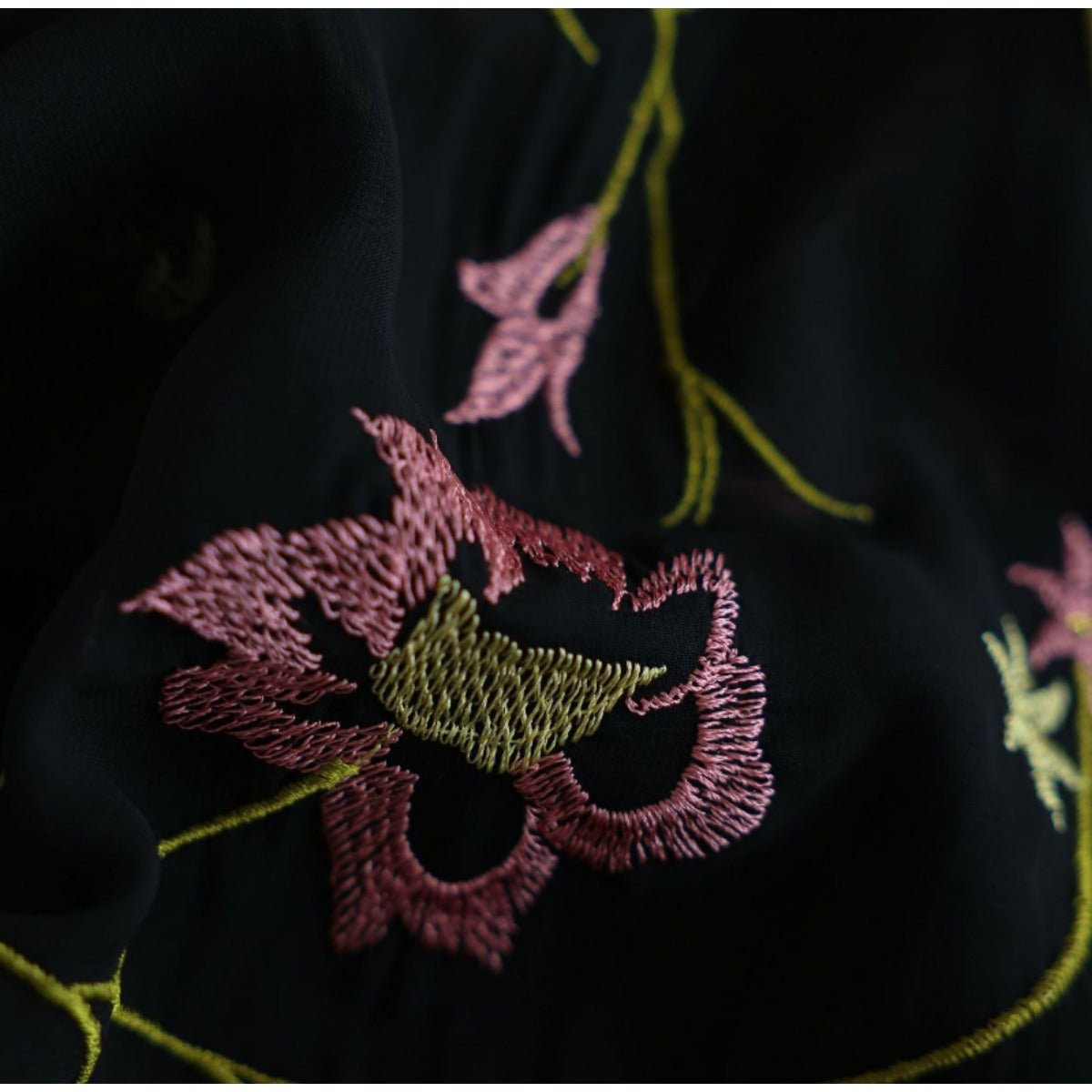 Floral Embroidered Mesh Abaya | Modest Muslim Luxury Black Sheer Robe with Pink/Green Floral Lace. (MOA179) - Mariam's Collection