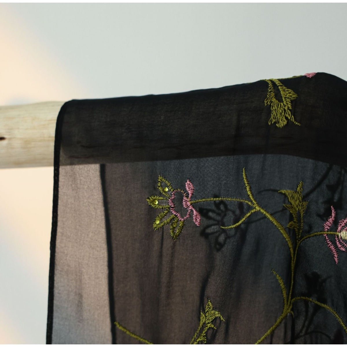 Floral Embroidered Mesh Abaya | Modest Muslim Luxury Black Sheer Robe with Pink/Green Floral Lace. (MOA179) - Mariam's Collection