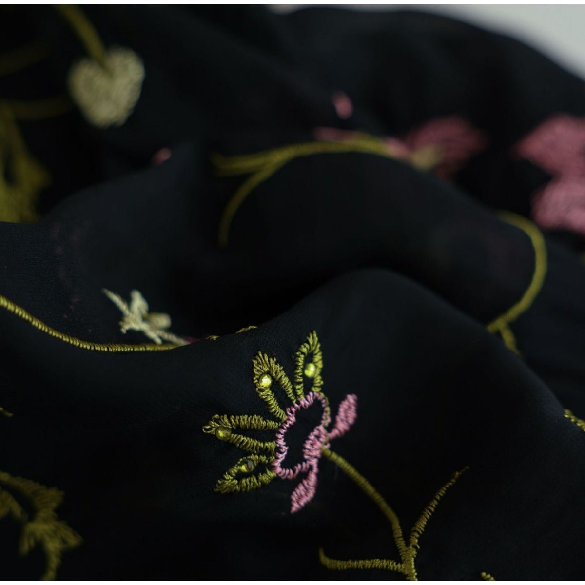 Floral Embroidered Mesh Abaya | Modest Muslim Luxury Black Sheer Robe with Pink/Green Floral Lace. (MOA179) - Mariam's Collection