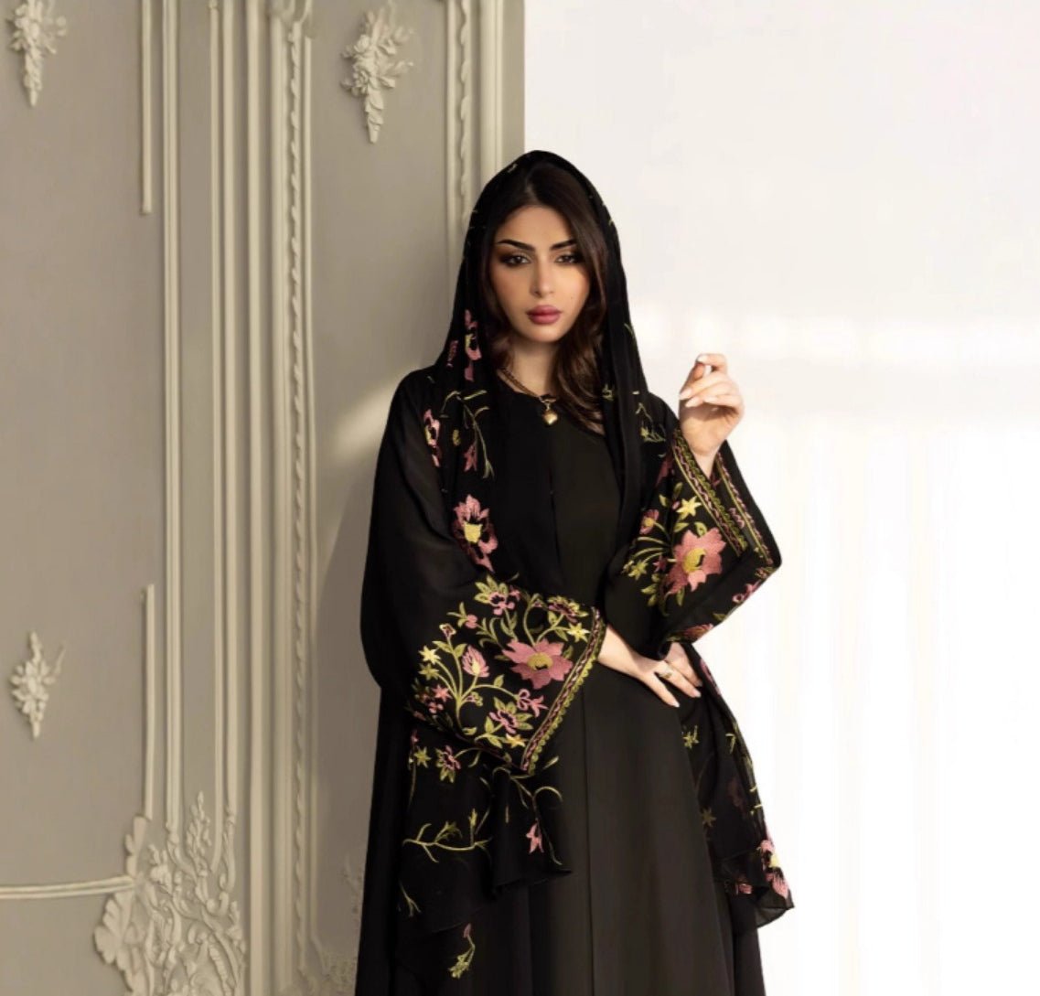 Floral Embroidered Mesh Abaya | Modest Muslim Luxury Black Sheer Robe with Pink/Green Floral Lace. (MOA179) - Mariam's Collection
