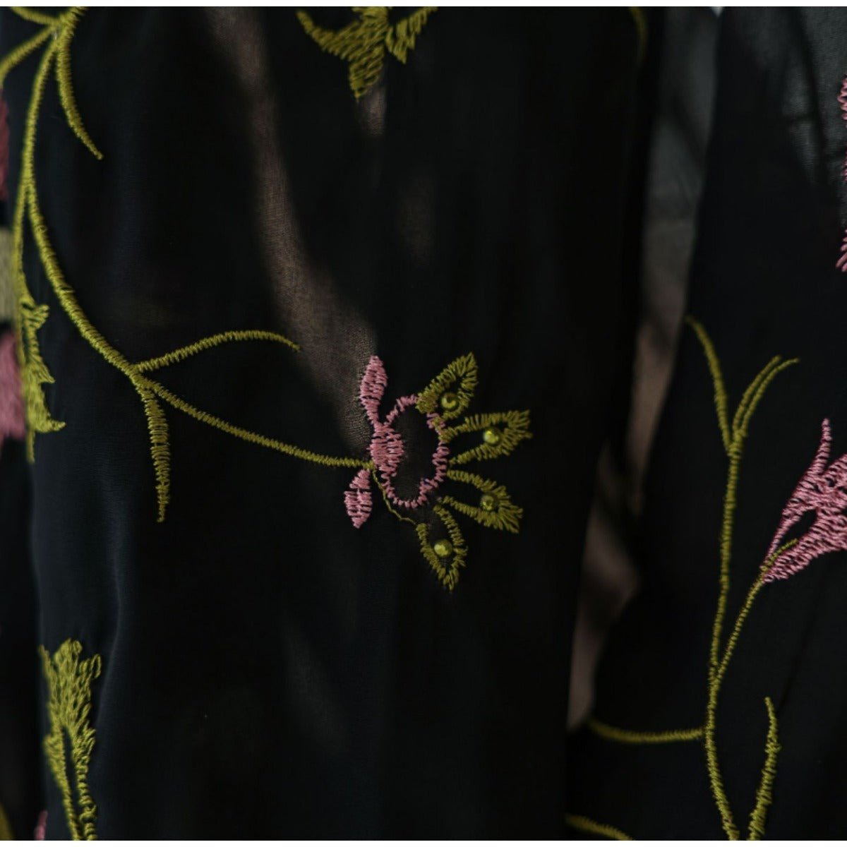 Floral Embroidered Mesh Abaya | Modest Muslim Luxury Black Sheer Robe with Pink/Green Floral Lace. (MOA179) - Mariam's Collection