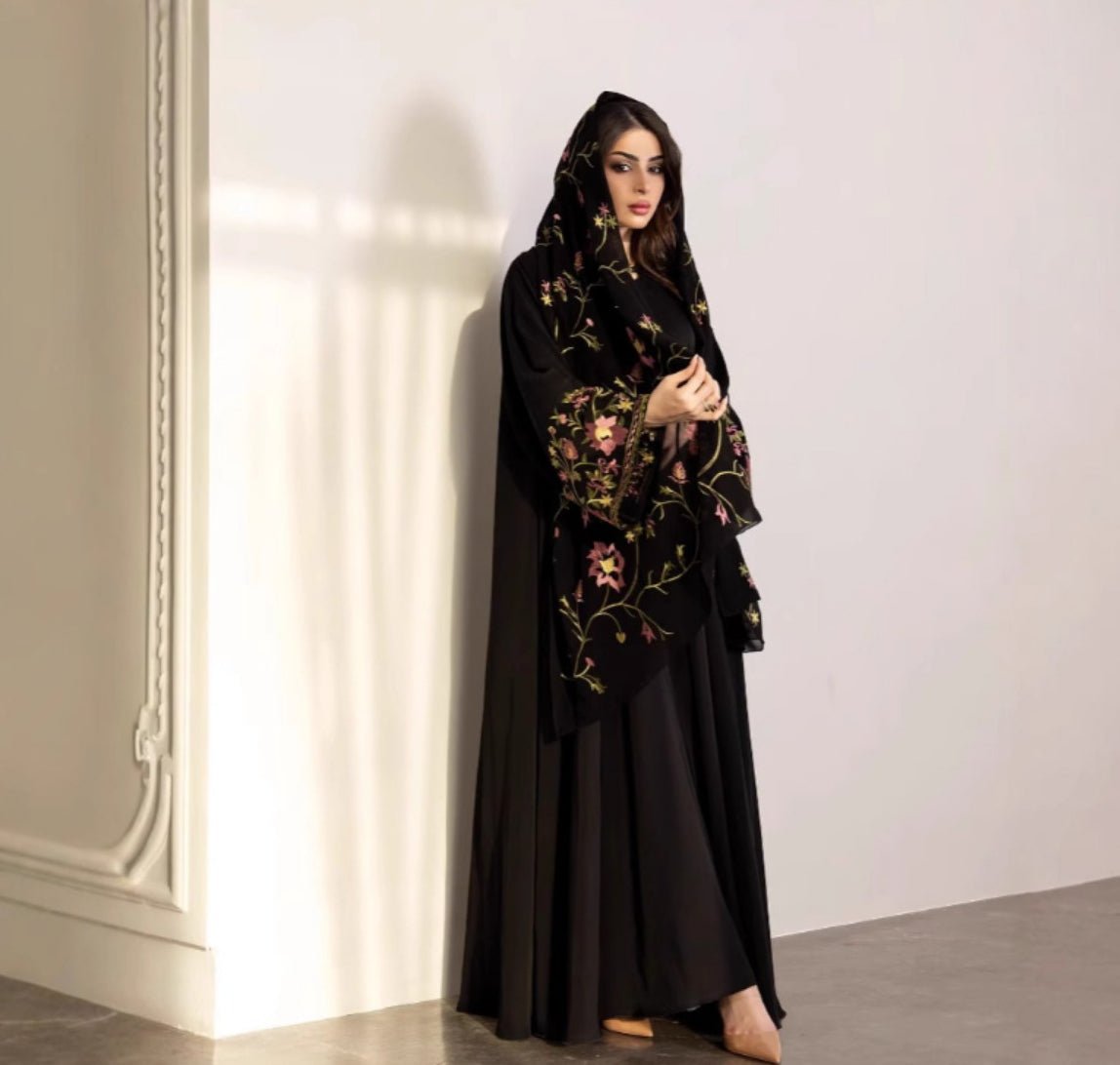 Floral Embroidered Mesh Abaya | Modest Muslim Luxury Black Sheer Robe with Pink/Green Floral Lace. (MOA179) - Mariam's Collection