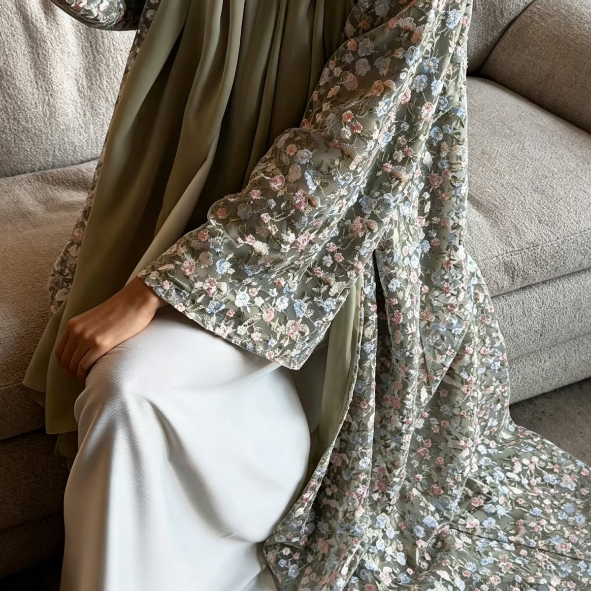 Floral Embroidered Mesh Open Abaya & Hijab Set(MOA321) - Mariam's Collection