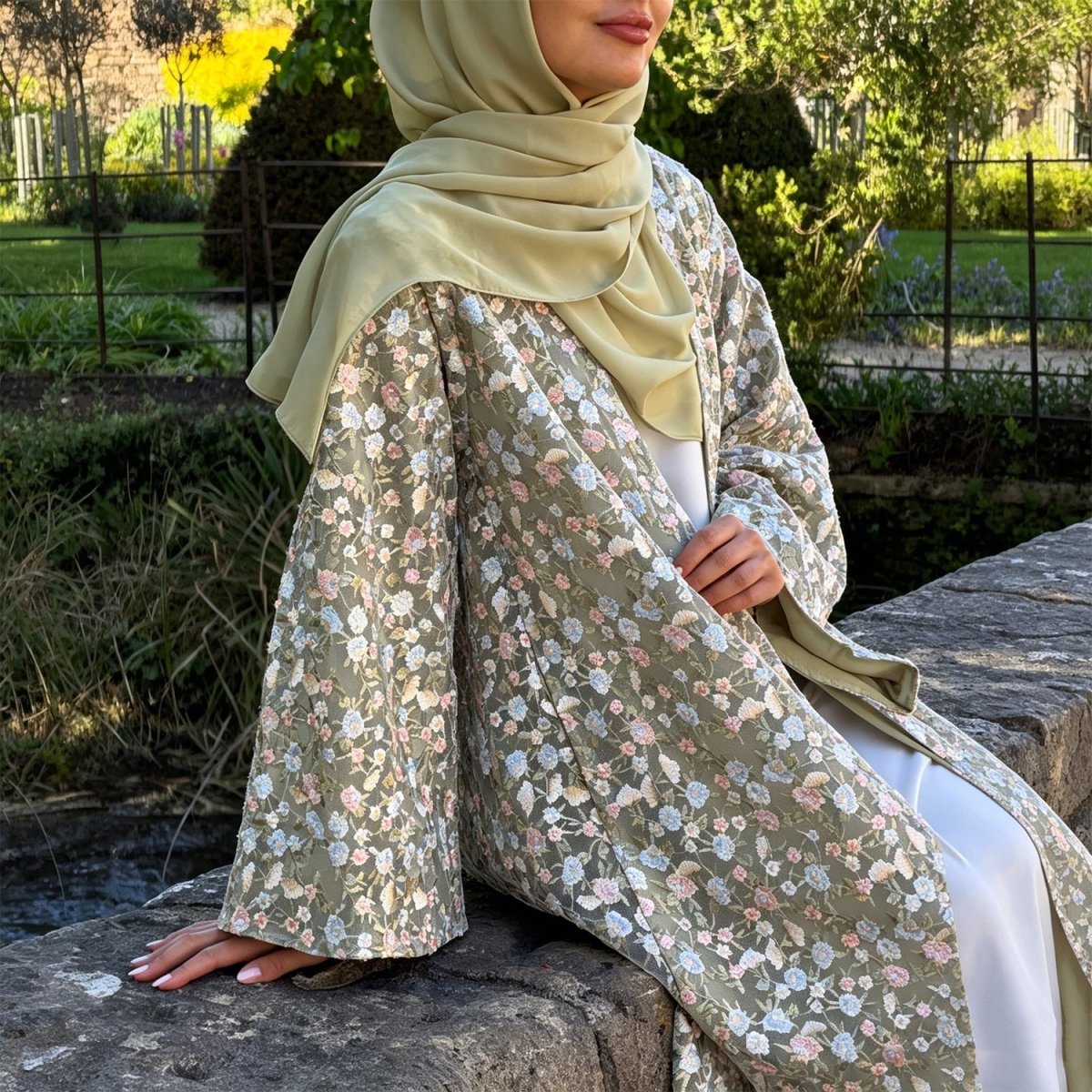 Floral Embroidered Mesh Open Abaya & Hijab Set(MOA321) - Mariam's Collection