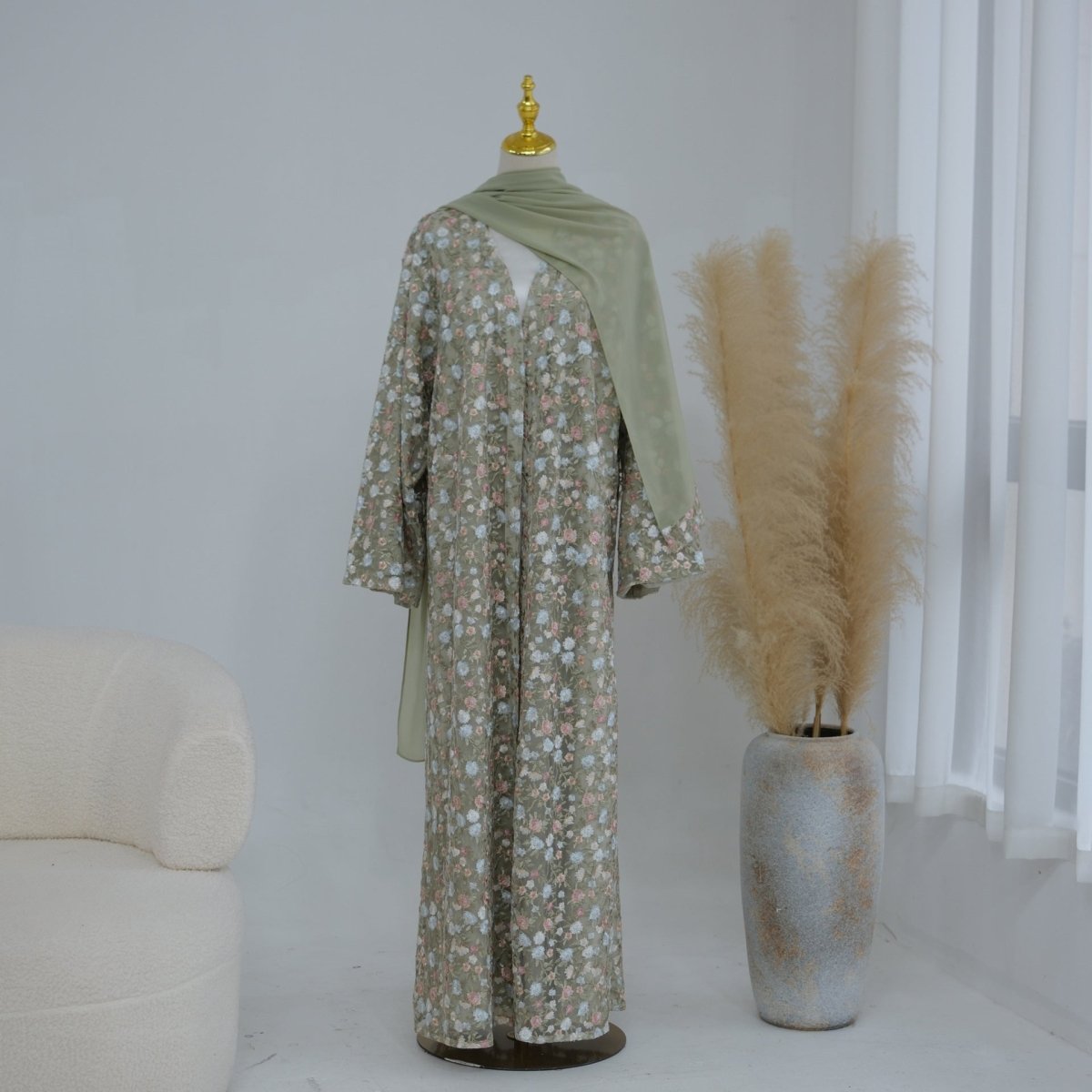 Floral Embroidered Mesh Open Abaya & Hijab Set(MOA321) - Mariam's Collection