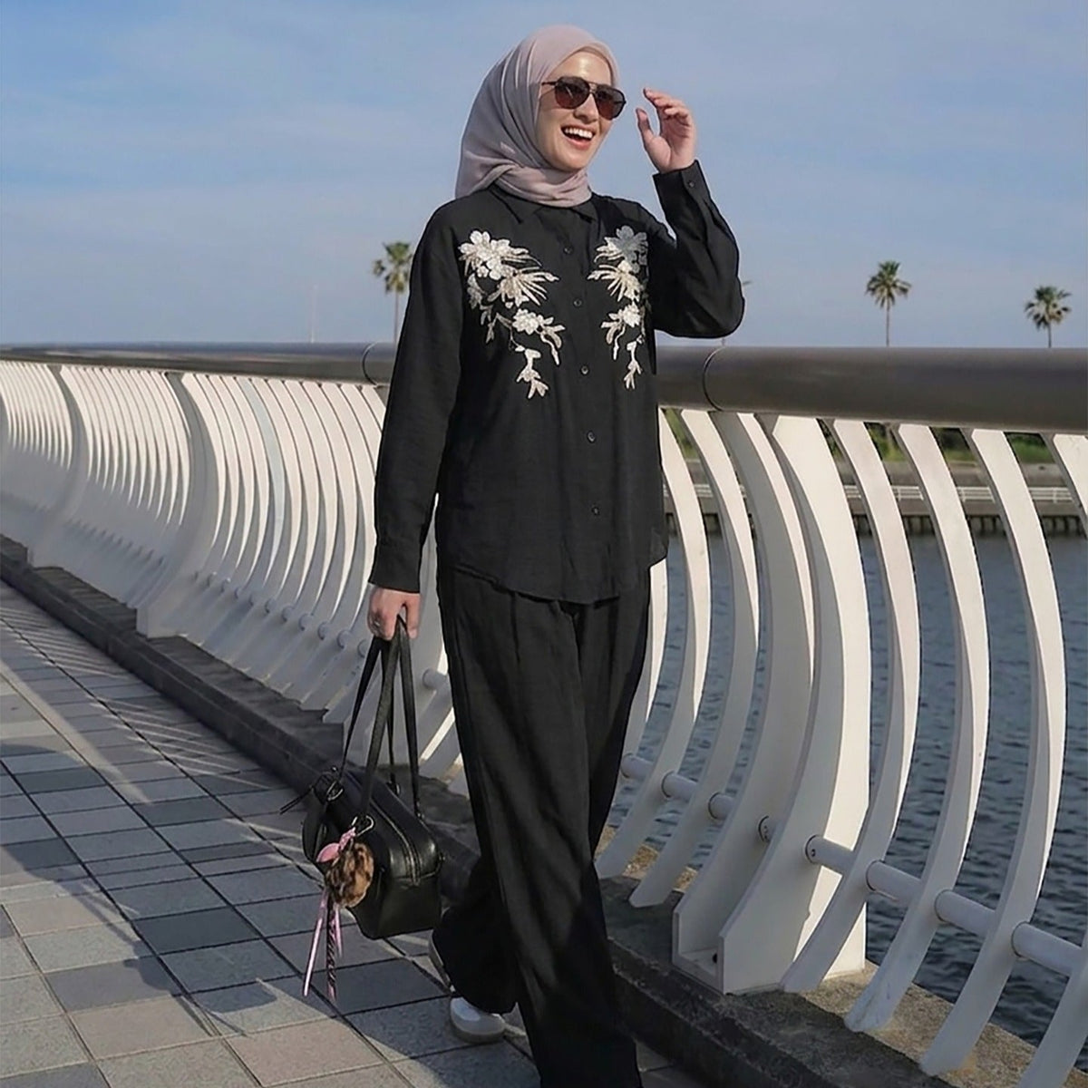 Floral Embroidered Shirt & Wide-Leg Trousers Two-Piece Co-ord Set(MS511) - Mariam's Collection