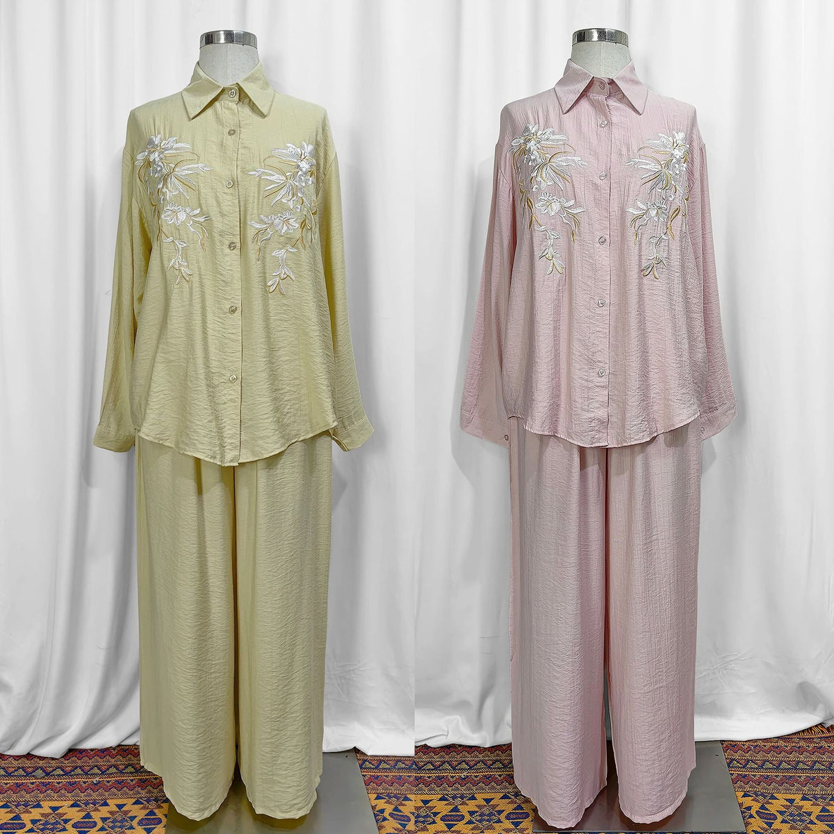 Floral Embroidered Shirt & Wide-Leg Trousers Two-Piece Co-ord Set(MS511) - Mariam's Collection