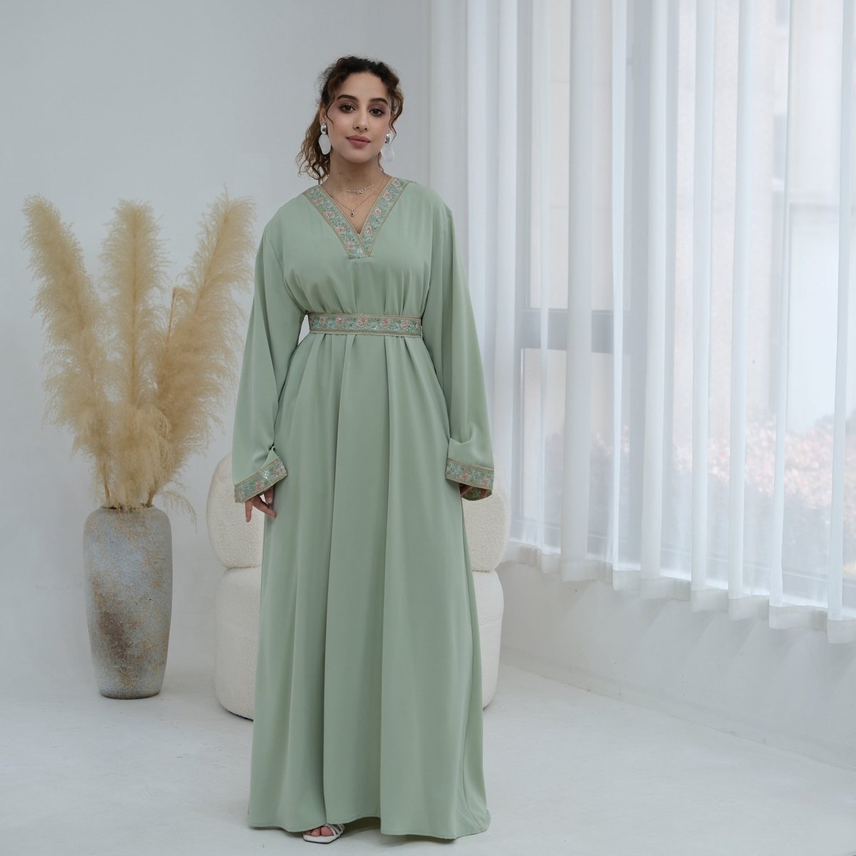 Floral Embroidered V-Neck Nida Maxi Dress(MA448) - Mariam's Collection